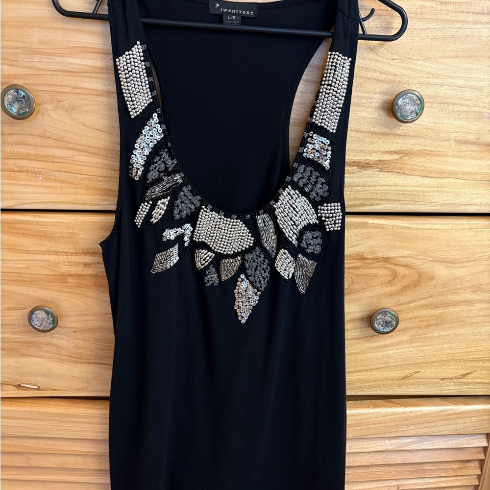 Black Tank Top with Silver Bead & Sequin Neckline Accent